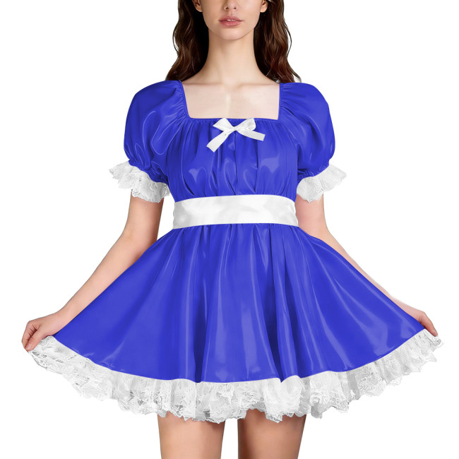 Unisex Glossy PVC Puff Sleeve Mini A-line Dress with White Lace Trim Cute Lolita Style Outfit for Cosplay Wetlook Pleated Dress