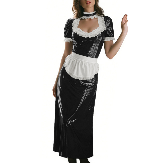 Long Sleeve Wetlook French Maid Long Dress Sissy PVC Shiny Lace Trim Apron Lolita Long Dress Elegant Halloween Cosplay Outfit