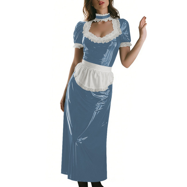 Long Sleeve Wetlook French Maid Long Dress Sissy PVC Shiny Lace Trim Apron Lolita Long Dress Elegant Halloween Cosplay Outfit