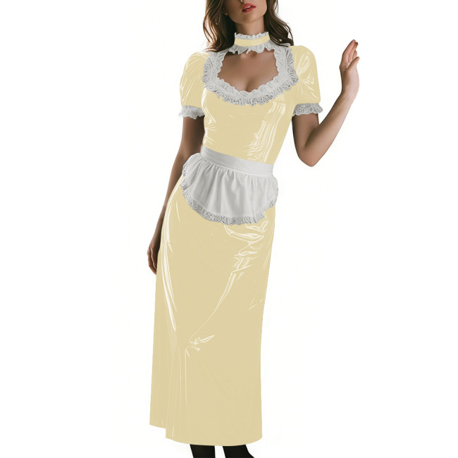 Long Sleeve Wetlook French Maid Long Dress Sissy PVC Shiny Lace Trim Apron Lolita Long Dress Elegant Halloween Cosplay Outfit