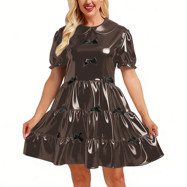 PVC Shiny Sissy Tiered Mini Dress Peter Pan Collar Puff Sleeve Swing Dress with Black Bows Party Lolita Style Cosplay Outfit