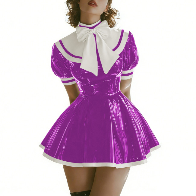 Sissy Womens Lolita Mini Sailor Dress Puff Sleeve A-line PVC Shiny Dress with Contrast Trim Themed Party Cosplay Short Dresses