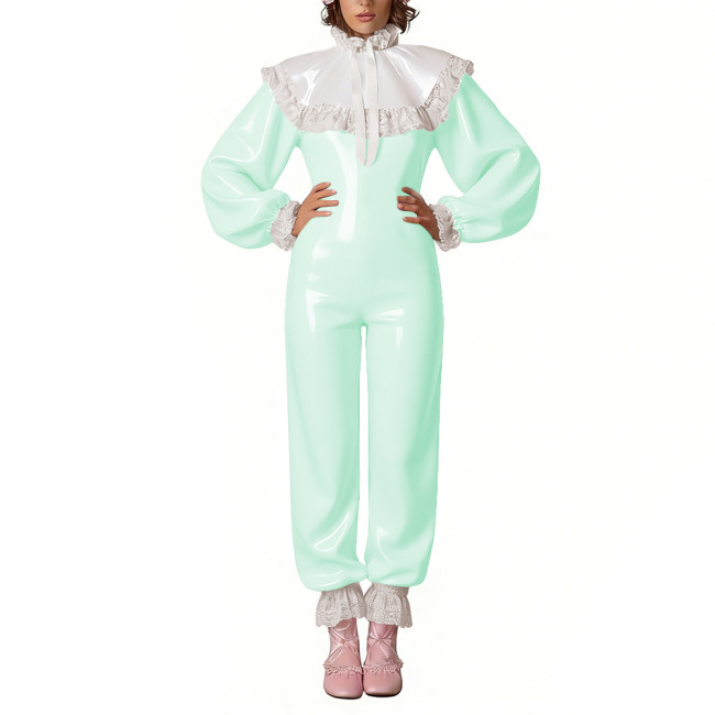 Adult Lace Ruffles Cosplay Jumpsuit Glossy PVC Leather Long Sleeve High Neck Rompers for Sissy Halloween Party Role Play Outfits