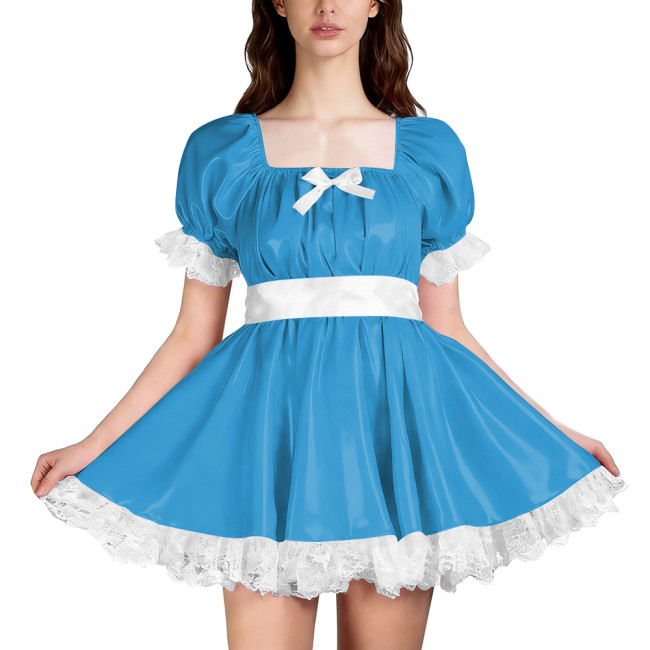 Unisex Glossy PVC Puff Sleeve Mini A-line Dress with White Lace Trim Cute Lolita Style Outfit for Cosplay Wetlook Pleated Dress