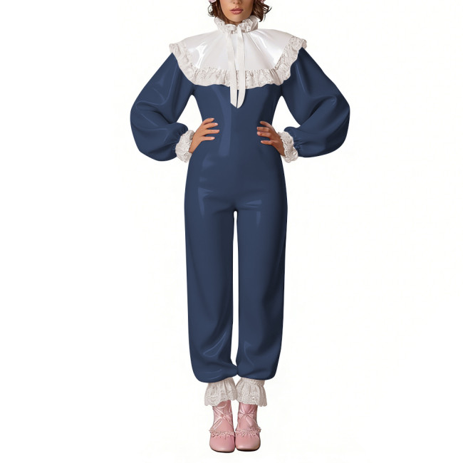 Adult Lace Ruffles Cosplay Jumpsuit Glossy PVC Leather Long Sleeve High Neck Rompers for Sissy Halloween Party Role Play Outfits