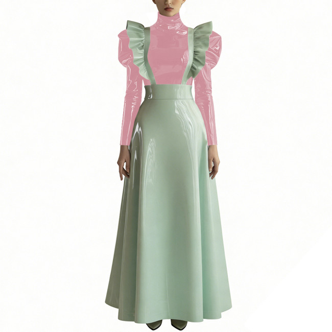 Women's Two-Piece Glossy PVC Skirt Outfit Fashion High Neck Puff Sleeve Top with Ruffled Suspender Maxi Skirt Ladies Streetwear