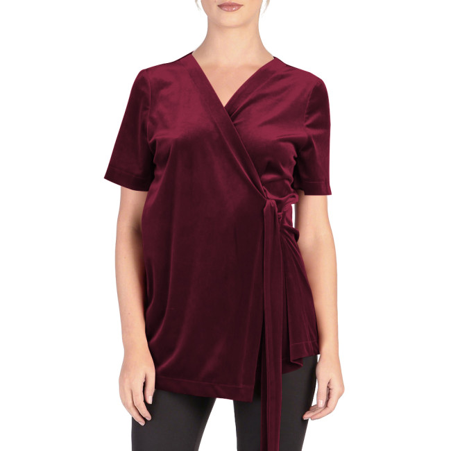 Women's Velvet Self-Tie Waist Wrap Top Ladies Solid Color Elegant Blouse for Party Fashion Short Sleeve V-neck Tops Club Outfits