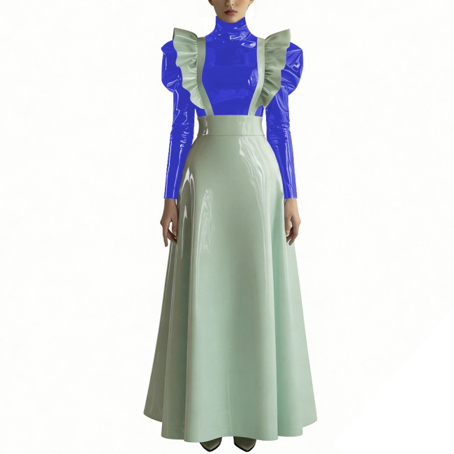 Women's Two-Piece Glossy PVC Skirt Outfit Fashion High Neck Puff Sleeve Top with Ruffled Suspender Maxi Skirt Ladies Streetwear