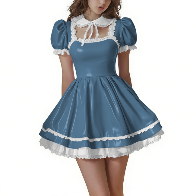 Lolita Style Shiny PVC Leather Mini Dresses Sissy Puff Short Sleeve Peter Pan Collar Short Dress with Ruffles Hem Party Outfits