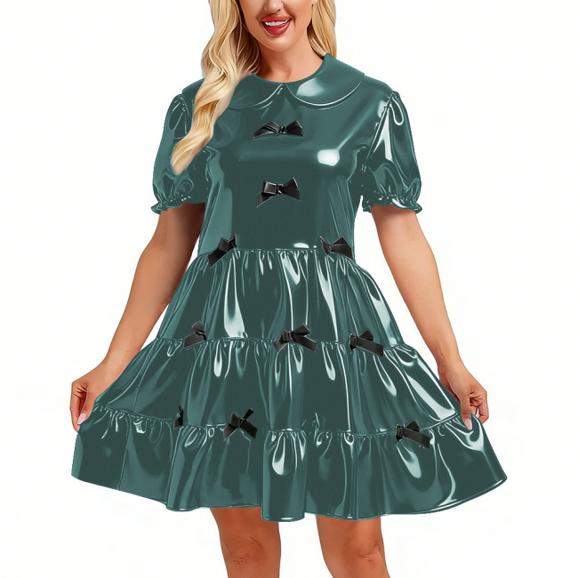 PVC Shiny Sissy Tiered Mini Dress Peter Pan Collar Puff Sleeve Swing Dress with Black Bows Party Lolita Style Cosplay Outfit