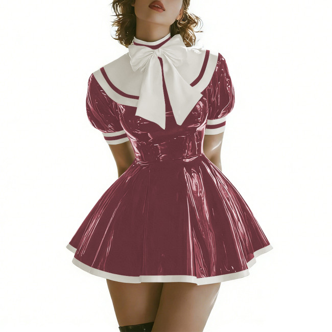 Sissy Womens Lolita Mini Sailor Dress Puff Sleeve A-line PVC Shiny Dress with Contrast Trim Themed Party Cosplay Short Dresses