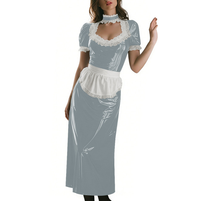 Long Sleeve Wetlook French Maid Long Dress Sissy PVC Shiny Lace Trim Apron Lolita Long Dress Elegant Halloween Cosplay Outfit