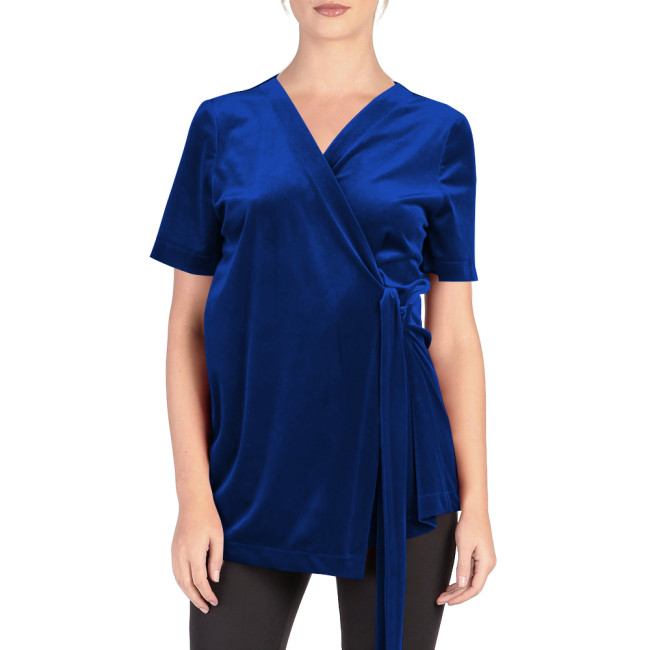 Women's Velvet Self-Tie Waist Wrap Top Ladies Solid Color Elegant Blouse for Party Fashion Short Sleeve V-neck Tops Club Outfits