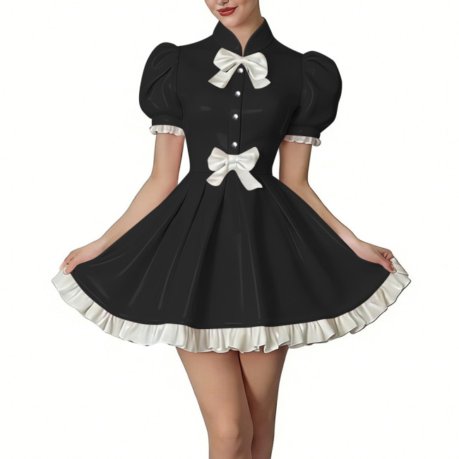 Sissy Chic Puff Sleeve Mini Dress with White Bows Vinyl PVC Leather Front Button Ruffled Short Dresses Lolita Style Party Outfit