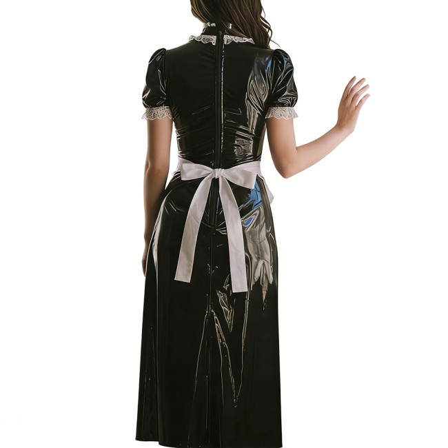 Long Sleeve Wetlook French Maid Long Dress Sissy PVC Shiny Lace Trim Apron Lolita Long Dress Elegant Halloween Cosplay Outfit