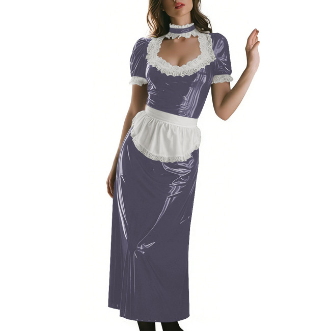 Long Sleeve Wetlook French Maid Long Dress Sissy PVC Shiny Lace Trim Apron Lolita Long Dress Elegant Halloween Cosplay Outfit