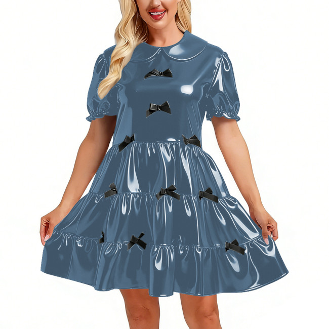 PVC Shiny Sissy Tiered Mini Dress Peter Pan Collar Puff Sleeve Swing Dress with Black Bows Party Lolita Style Cosplay Outfit