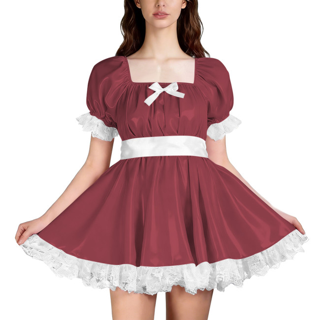 Unisex Glossy PVC Puff Sleeve Mini A-line Dress with White Lace Trim Cute Lolita Style Outfit for Cosplay Wetlook Pleated Dress