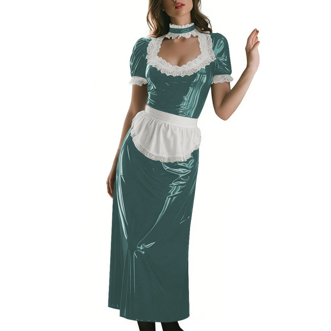 Long Sleeve Wetlook French Maid Long Dress Sissy PVC Shiny Lace Trim Apron Lolita Long Dress Elegant Halloween Cosplay Outfit