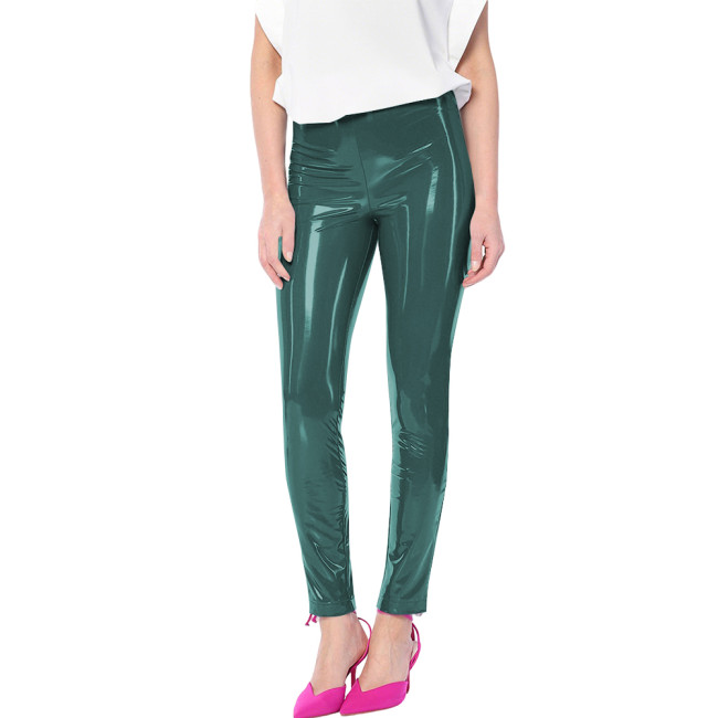 Ladies Solid Color High Waist Leggings Glossy PVC Leather Stretch Slim Sexy Pencil Pants Wetlook Streetwear Nightclub Leggings