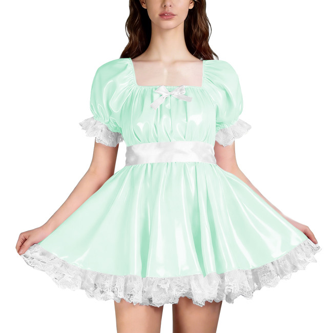 Unisex Glossy PVC Puff Sleeve Mini A-line Dress with White Lace Trim Cute Lolita Style Outfit for Cosplay Wetlook Pleated Dress