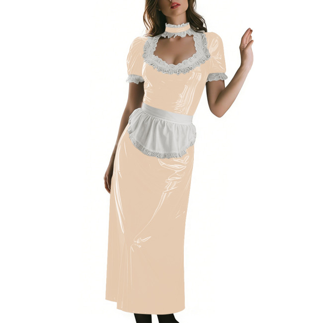 Long Sleeve Wetlook French Maid Long Dress Sissy PVC Shiny Lace Trim Apron Lolita Long Dress Elegant Halloween Cosplay Outfit