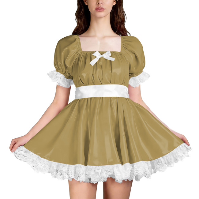 Unisex Glossy PVC Puff Sleeve Mini A-line Dress with White Lace Trim Cute Lolita Style Outfit for Cosplay Wetlook Pleated Dress