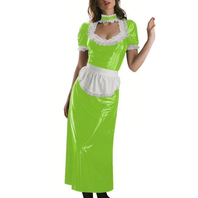 Long Sleeve Wetlook French Maid Long Dress Sissy PVC Shiny Lace Trim Apron Lolita Long Dress Elegant Halloween Cosplay Outfit