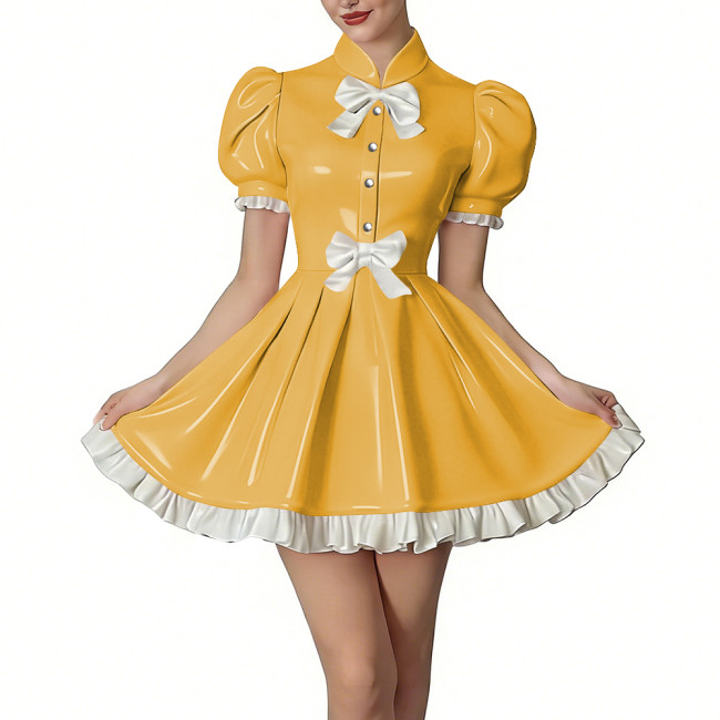 Sissy Chic Puff Sleeve Mini Dress with White Bows Vinyl PVC Leather Front Button Ruffled Short Dresses Lolita Style Party Outfit