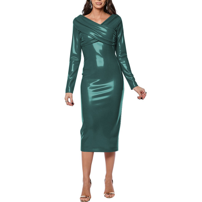 Women's Sexy Draped Cross Over Neckline Midi Dress Elegant Bodycon Evening Party Glossy PVC Dresses Office Ladies Slim Vestidos
