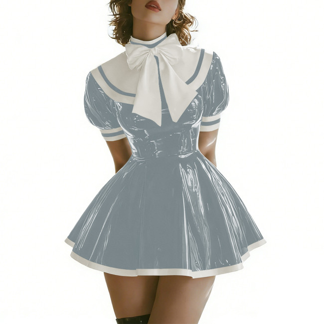 Sissy Womens Lolita Mini Sailor Dress Puff Sleeve A-line PVC Shiny Dress with Contrast Trim Themed Party Cosplay Short Dresses