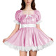 Unisex Glossy PVC Puff Sleeve Mini A-line Dress with White Lace Trim Cute Lolita Style Outfit for Cosplay Wetlook Pleated Dress