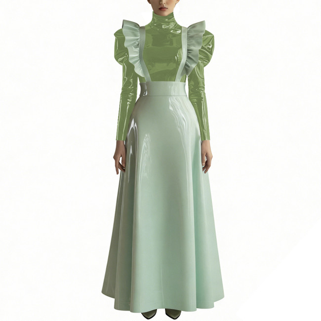 Women's Two-Piece Glossy PVC Skirt Outfit Fashion High Neck Puff Sleeve Top with Ruffled Suspender Maxi Skirt Ladies Streetwear