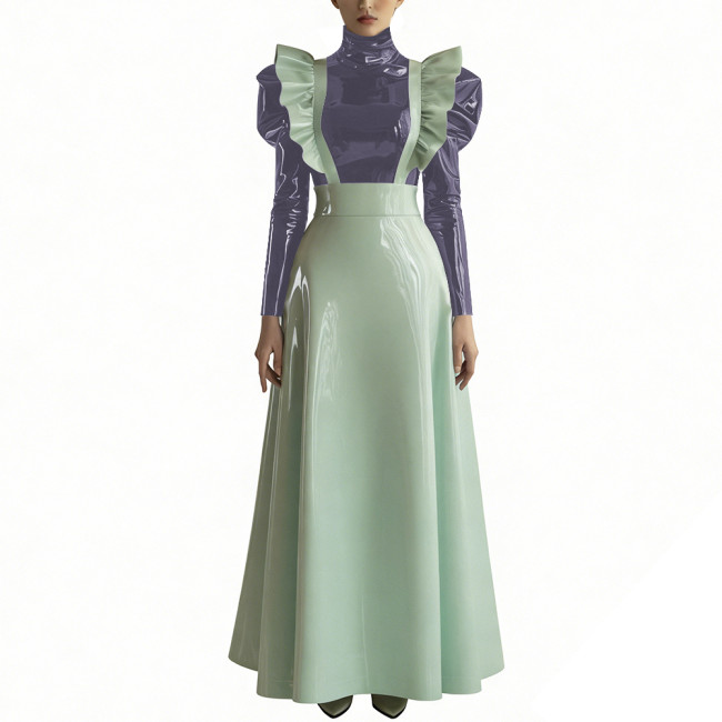 Women's Two-Piece Glossy PVC Skirt Outfit Fashion High Neck Puff Sleeve Top with Ruffled Suspender Maxi Skirt Ladies Streetwear