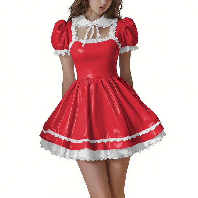 Lolita Style Shiny PVC Leather Mini Dresses Sissy Puff Short Sleeve Peter Pan Collar Short Dress with Ruffles Hem Party Outfits