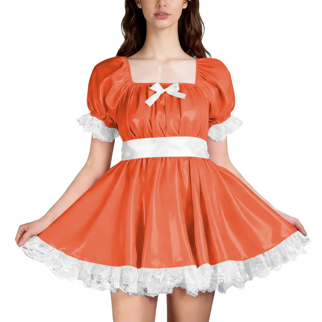 Unisex Glossy PVC Puff Sleeve Mini A-line Dress with White Lace Trim Cute Lolita Style Outfit for Cosplay Wetlook Pleated Dress