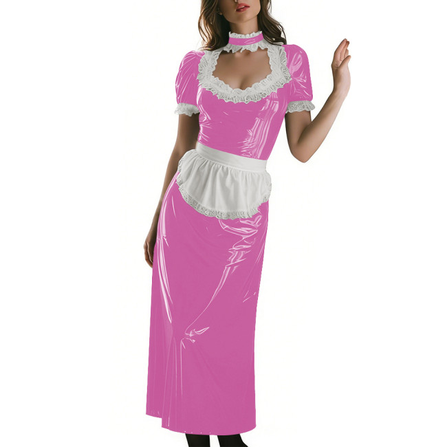 Long Sleeve Wetlook French Maid Long Dress Sissy PVC Shiny Lace Trim Apron Lolita Long Dress Elegant Halloween Cosplay Outfit