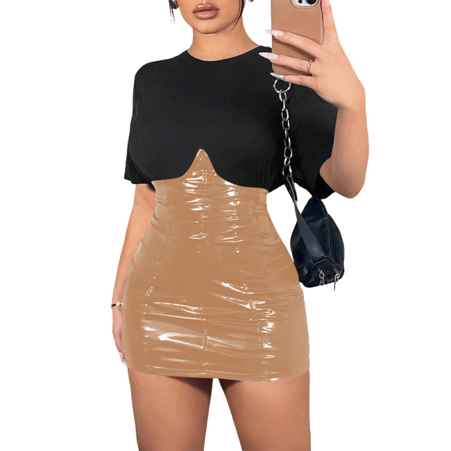 Sexy Wetlook High Waist Half Tube Top Dress Women Glossy Leather PVC Mini Skirts Hotties Club Tight Skirts Female Streetwear