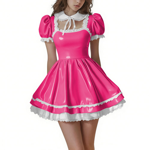 Lolita Style Shiny PVC Leather Mini Dresses Sissy Puff Short Sleeve Peter Pan Collar Short Dress with Ruffles Hem Party Outfits