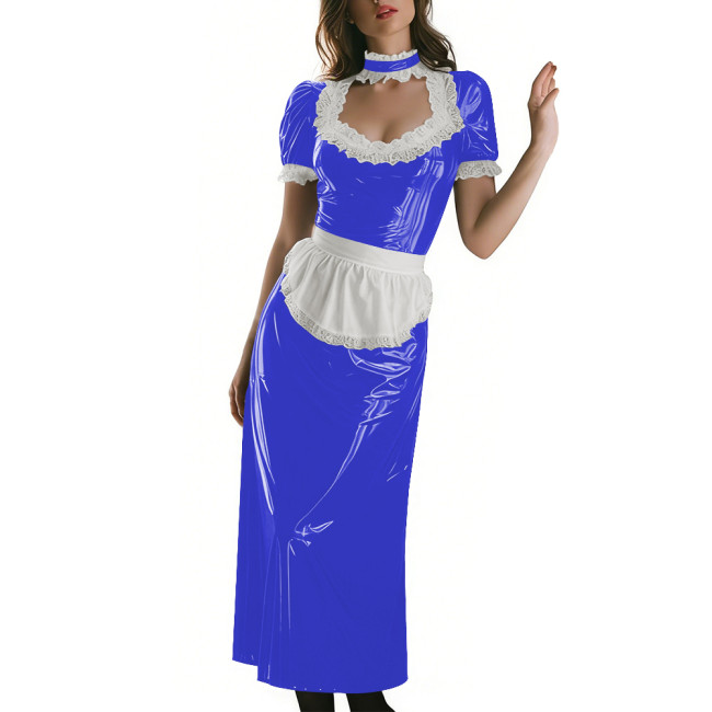 Long Sleeve Wetlook French Maid Long Dress Sissy PVC Shiny Lace Trim Apron Lolita Long Dress Elegant Halloween Cosplay Outfit
