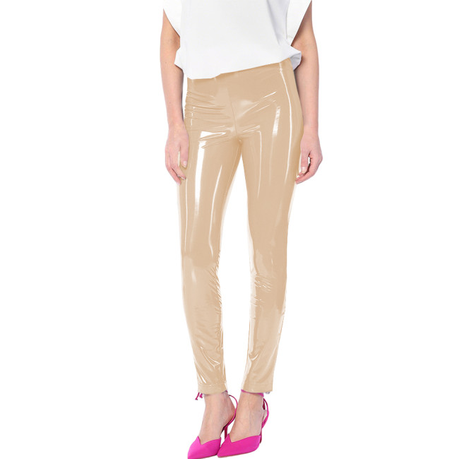 Ladies Solid Color High Waist Leggings Glossy PVC Leather Stretch Slim Sexy Pencil Pants Wetlook Streetwear Nightclub Leggings