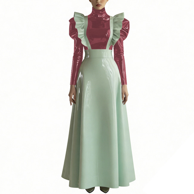 Women's Two-Piece Glossy PVC Skirt Outfit Fashion High Neck Puff Sleeve Top with Ruffled Suspender Maxi Skirt Ladies Streetwear