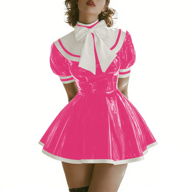 Sissy Womens Lolita Mini Sailor Dress Puff Sleeve A-line PVC Shiny Dress with Contrast Trim Themed Party Cosplay Short Dresses