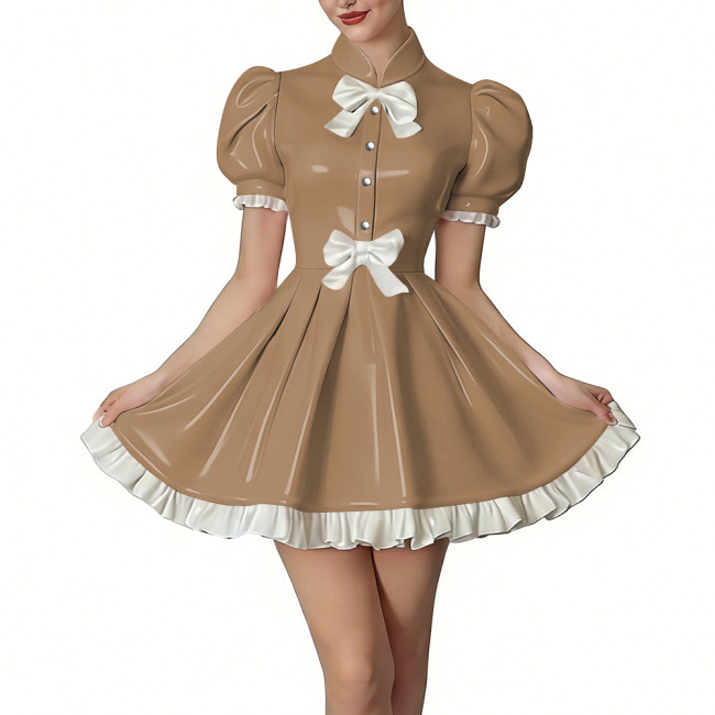 Sissy Chic Puff Sleeve Mini Dress with White Bows Vinyl PVC Leather Front Button Ruffled Short Dresses Lolita Style Party Outfit