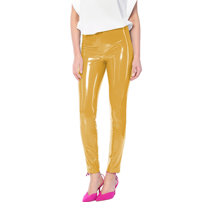 Ladies Solid Color High Waist Leggings Glossy PVC Leather Stretch Slim Sexy Pencil Pants Wetlook Streetwear Nightclub Leggings