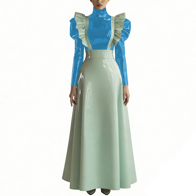 Women's Two-Piece Glossy PVC Skirt Outfit Fashion High Neck Puff Sleeve Top with Ruffled Suspender Maxi Skirt Ladies Streetwear