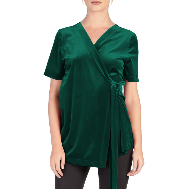 Women's Velvet Self-Tie Waist Wrap Top Ladies Solid Color Elegant Blouse for Party Fashion Short Sleeve V-neck Tops Club Outfits