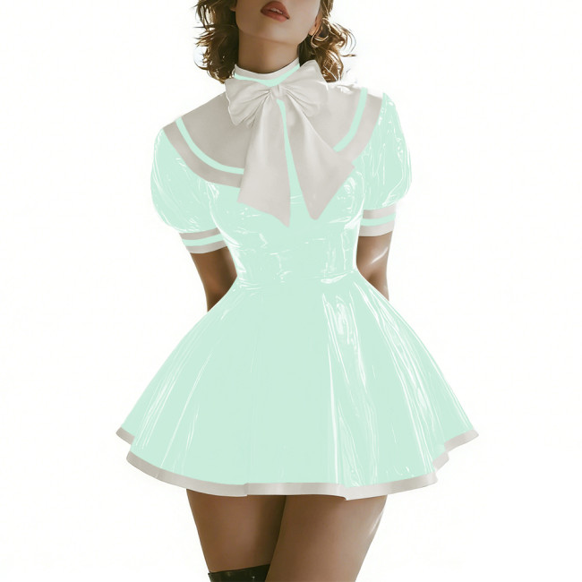 Sissy Womens Lolita Mini Sailor Dress Puff Sleeve A-line PVC Shiny Dress with Contrast Trim Themed Party Cosplay Short Dresses