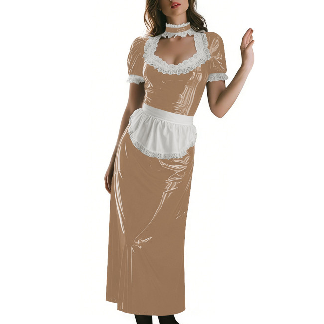 Long Sleeve Wetlook French Maid Long Dress Sissy PVC Shiny Lace Trim Apron Lolita Long Dress Elegant Halloween Cosplay Outfit