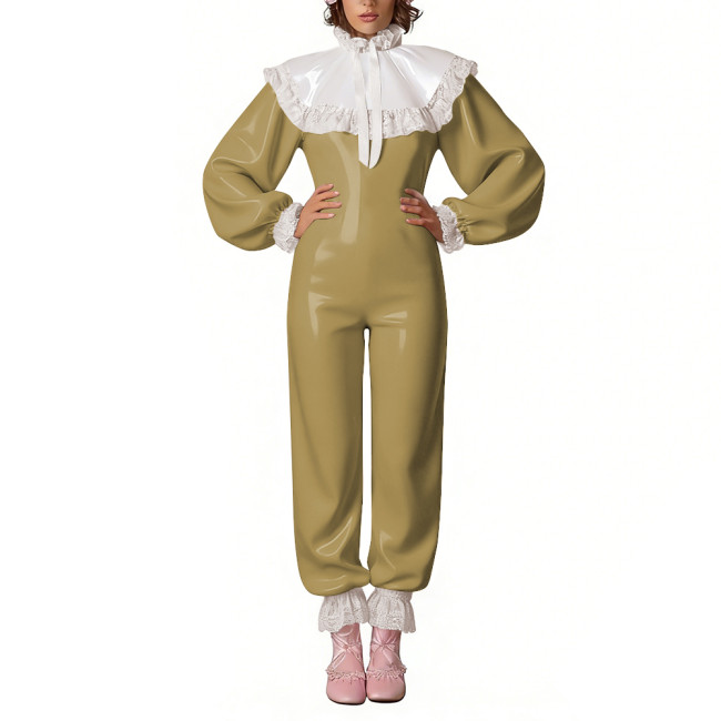 Adult Lace Ruffles Cosplay Jumpsuit Glossy PVC Leather Long Sleeve High Neck Rompers for Sissy Halloween Party Role Play Outfits